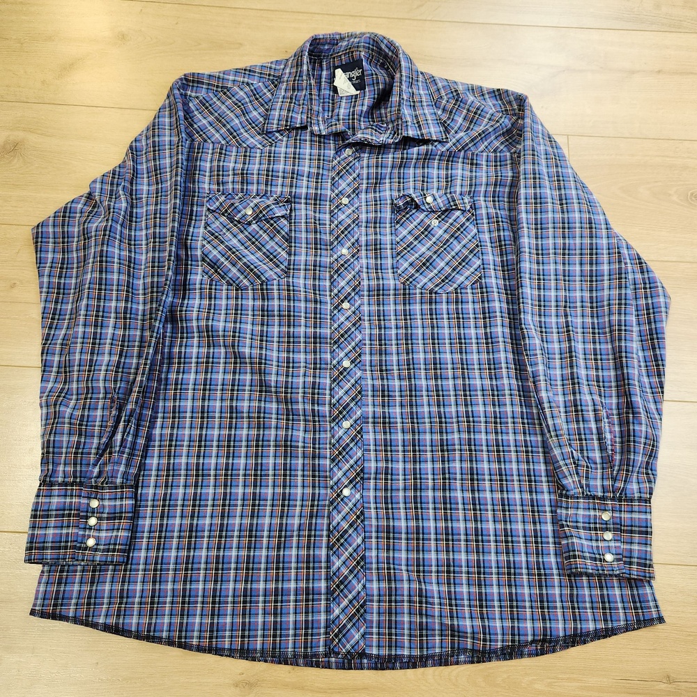 Wrangler Western Shirt Mens 2XLT Blue Plaid Pearl Snap Long Sleeve Cowboy
